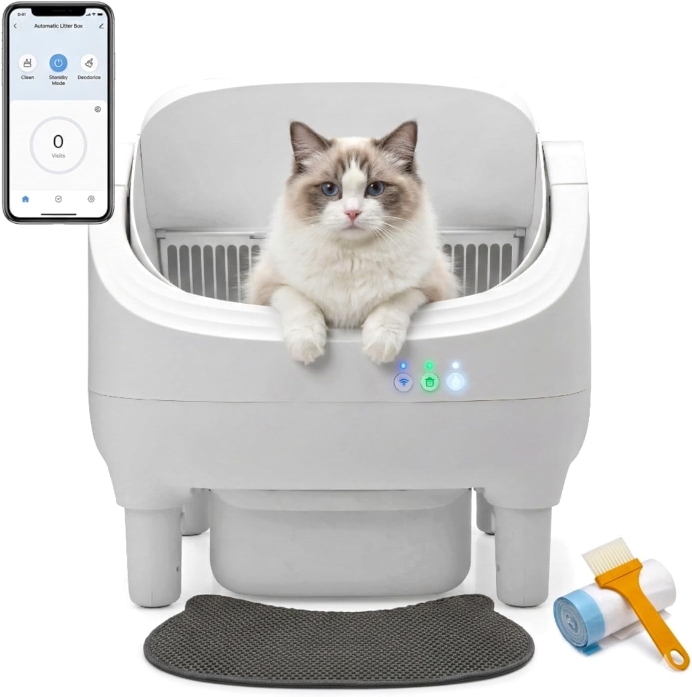 Revolutionary Smart Open Top Self-Cleaning Litter Box for Cats - Large Capacity with App Control & Odor Isolation, Includes Trash Bags & Cat Litter Mat