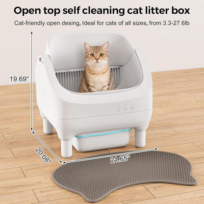 Revolutionary Smart Open Top Self-Cleaning Litter Box for Cats - Large Capacity with App Control & Odor Isolation, Includes Trash Bags & Cat Litter Mat