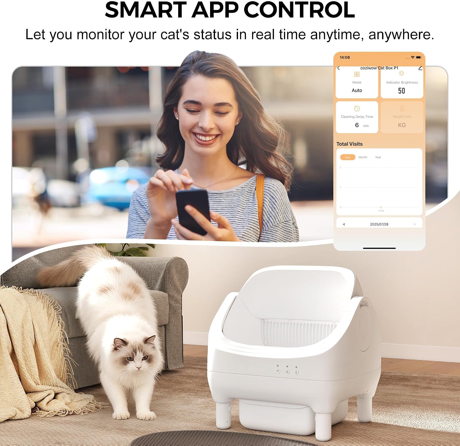 Revolutionary Smart Open Top Self-Cleaning Litter Box for Cats - Large Capacity with App Control & Odor Isolation, Includes Trash Bags & Cat Litter Mat